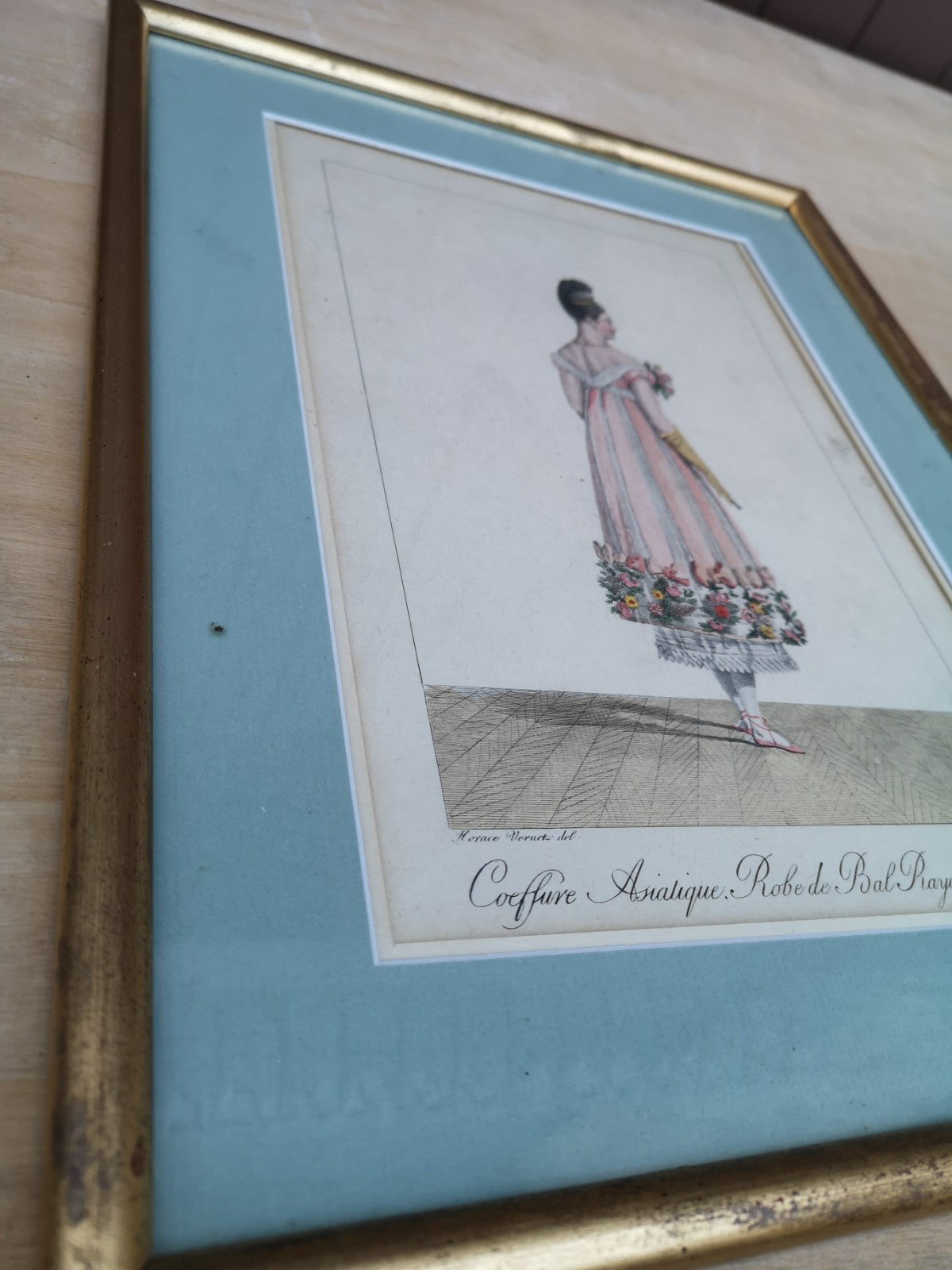 Very Beautiful Antique Print, Asian Hairstyle. Striped Ribbon Ball Gown.