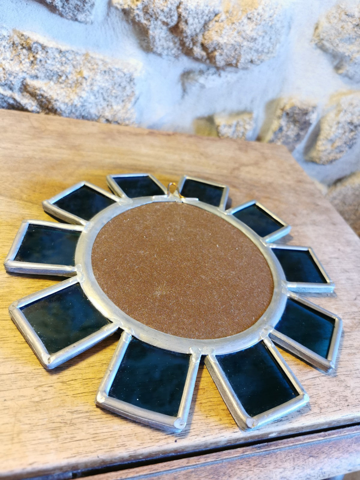 Superb Brutalist Sun-Shaped Mirror, Metal and Blue Glass
