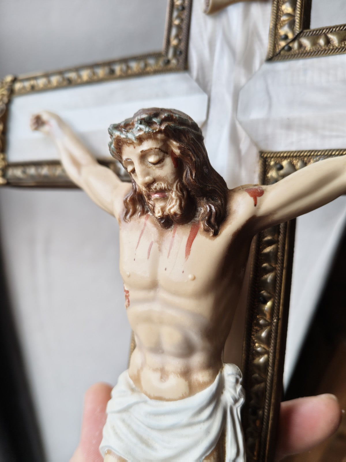 Large 20th Century Crucifix, Wood, Plastic and Brass
