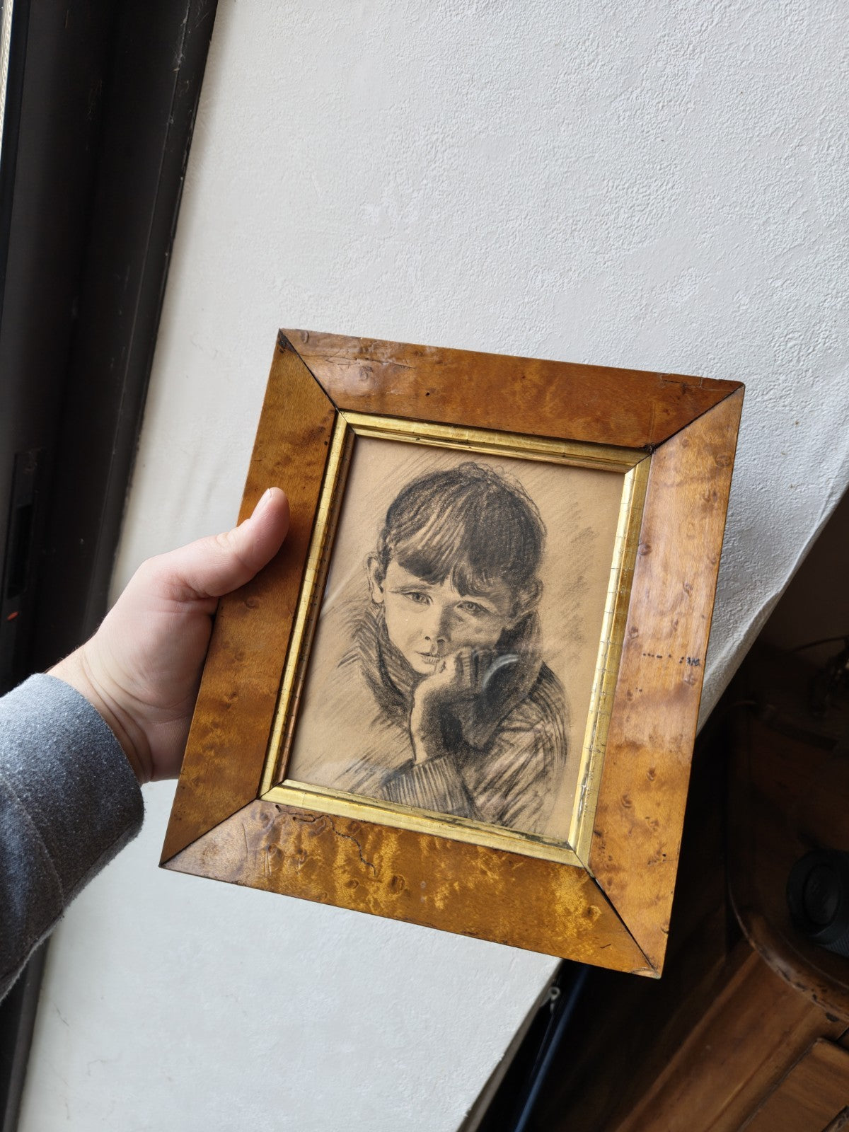 Child Drawing, Done in Pencil or Charcoal, Sad Child. 19th Century