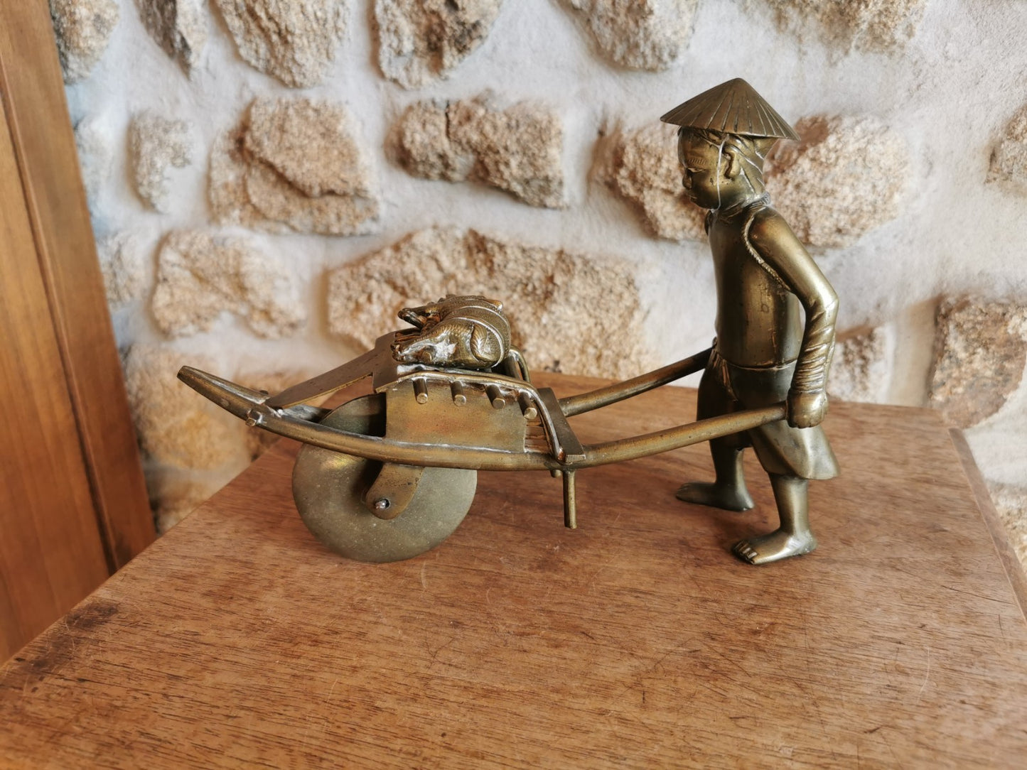 Superb 20th Century Vietnamese Bronze Figure with Wheelbarrow and Pig