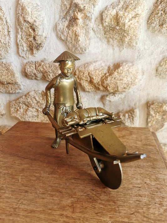 Superb 20th Century Vietnamese Bronze Figure with Wheelbarrow and Pig