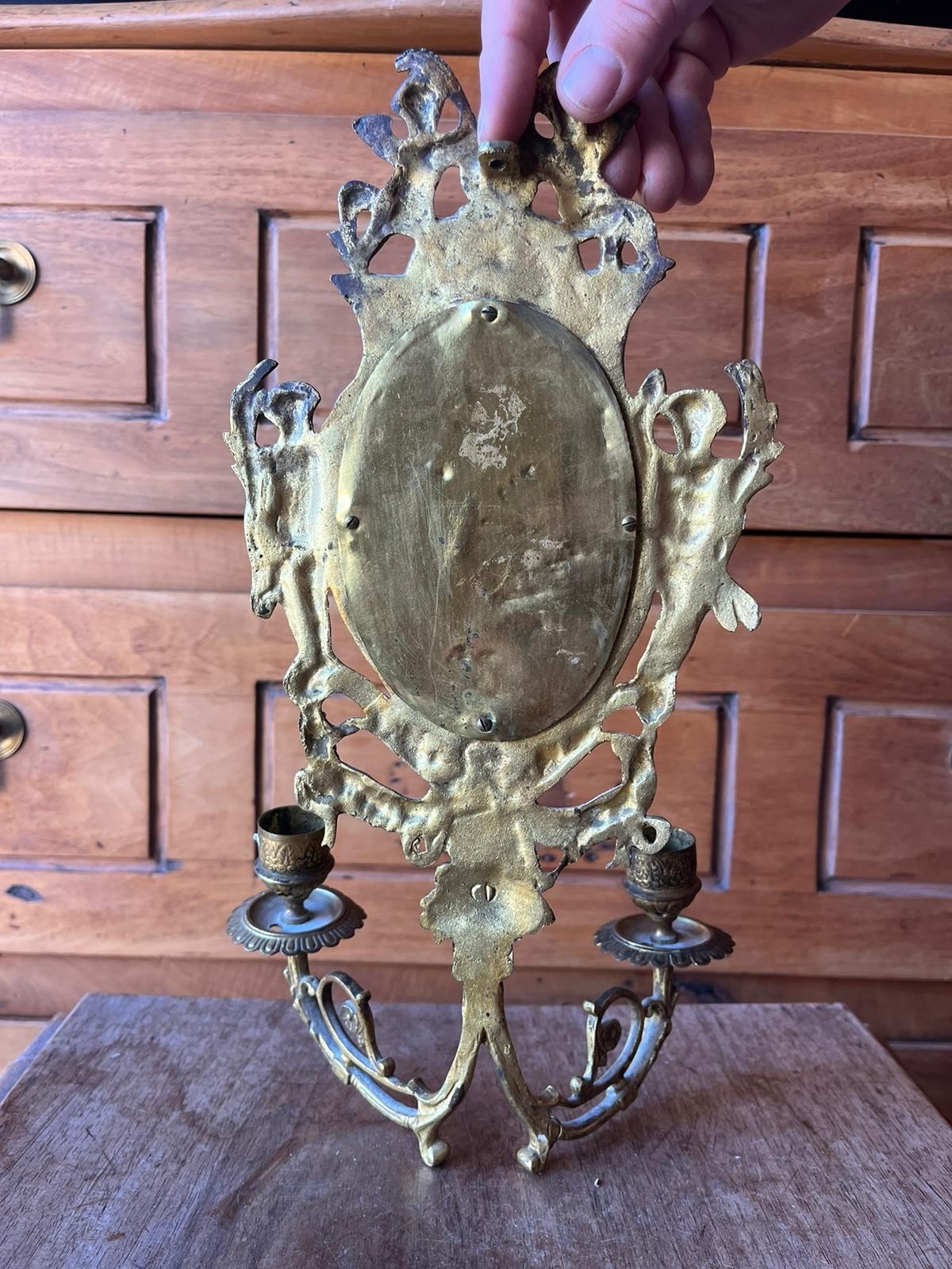 Superb Chiseled Bronze Wall Sconce, Beveled Mirror, Cherub