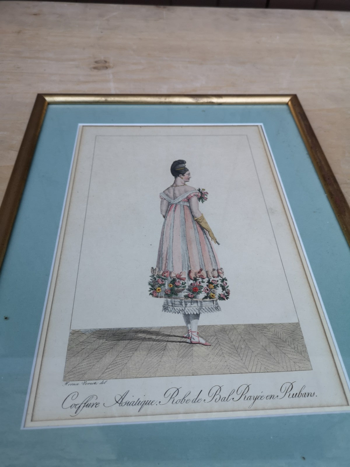 Very Beautiful Antique Print, Asian Hairstyle. Striped Ribbon Ball Gown.