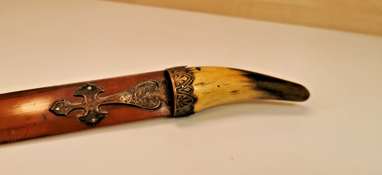 Wood Paper Knife with a Brass Christian Cross and Horn Handle