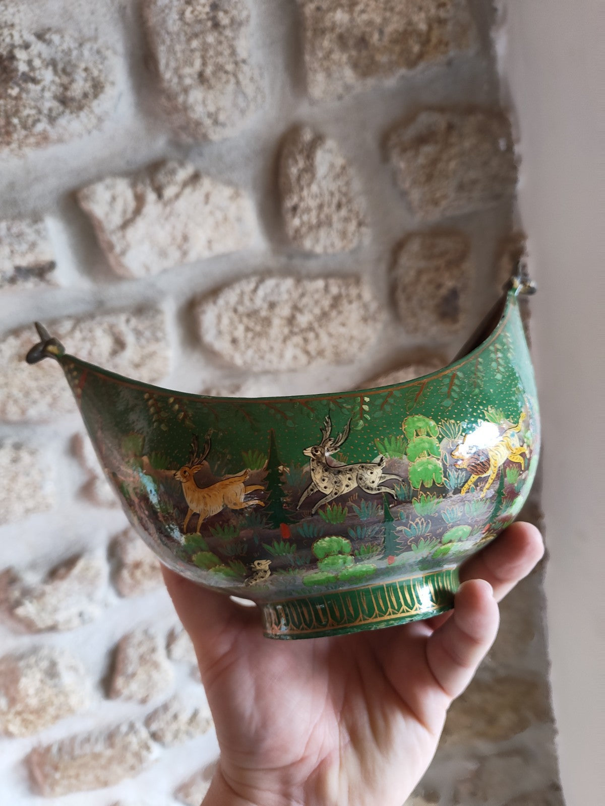 Kashkul Beggar Bowl India, Green Lacquered, Antique