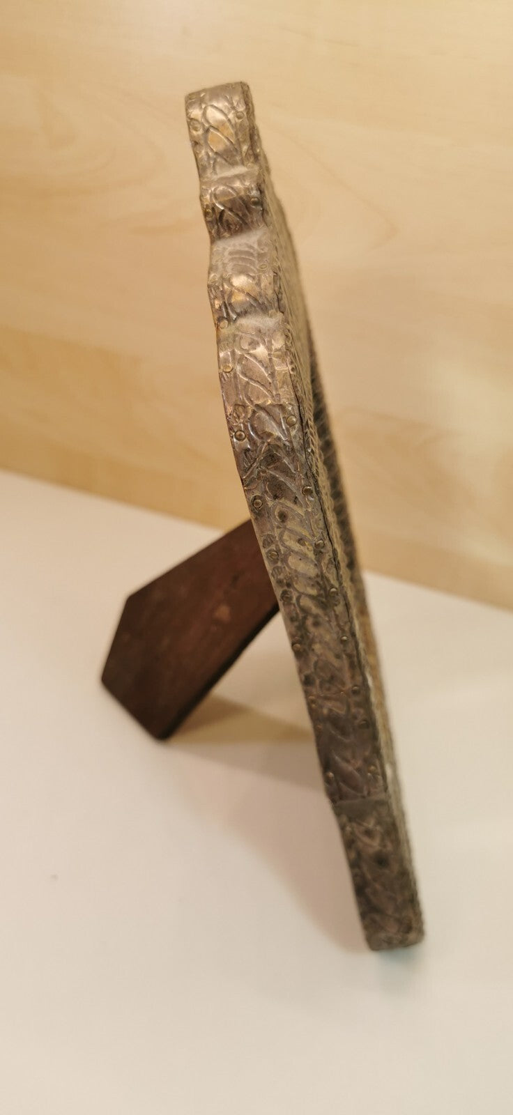 Superb Oriental Mirror Decorated with Hammered Metal (Silver or Tin)
