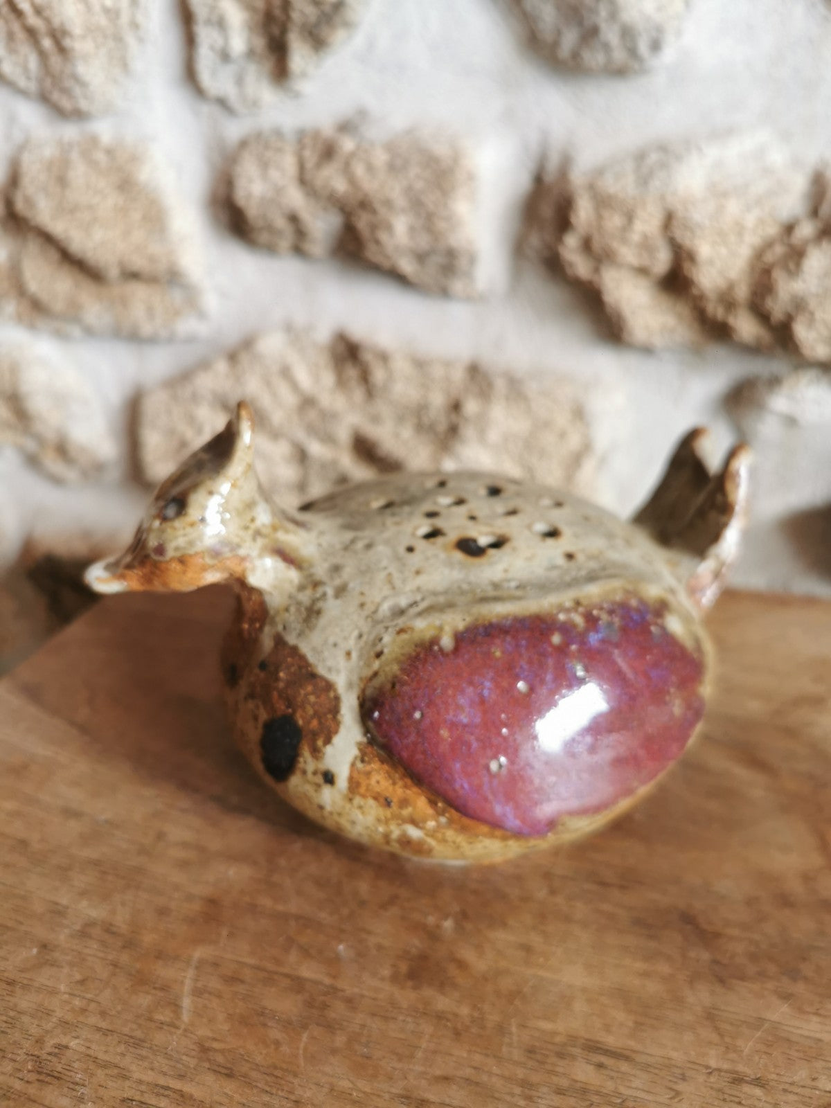 Superb Flower Frog in Stoneware, Bird Ceramic, Made in France, Mid-20th Century