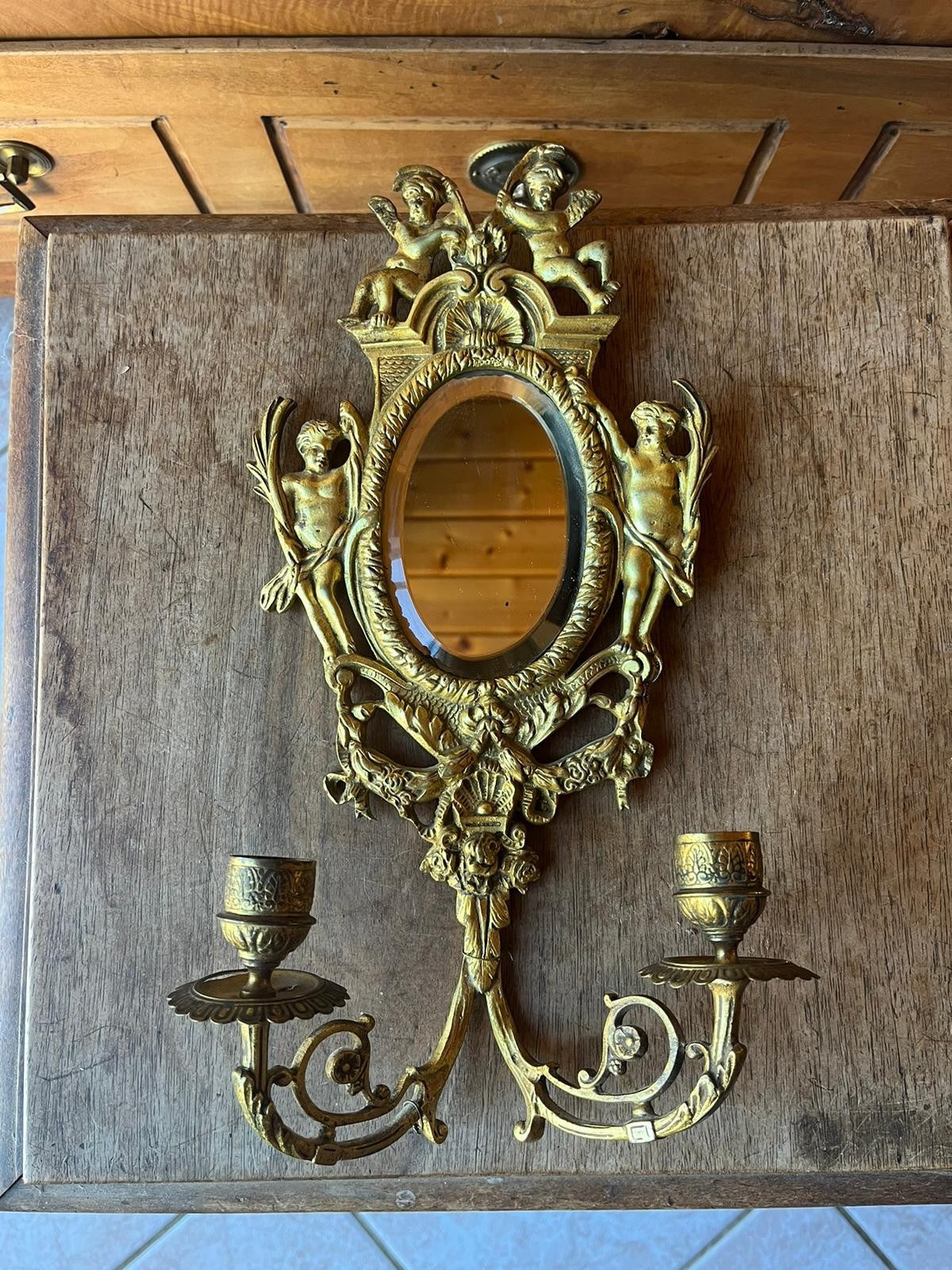 Superb Chiseled Bronze Wall Sconce, Beveled Mirror, Cherub