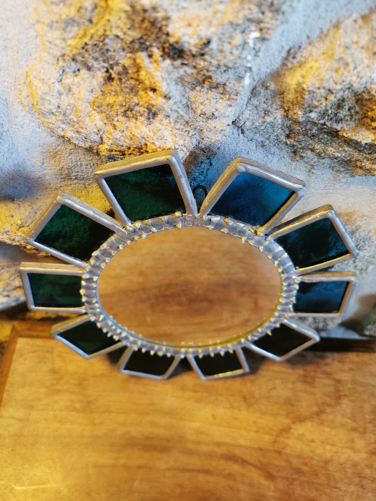 Superb Brutalist Sun-Shaped Mirror, Metal and Blue Glass