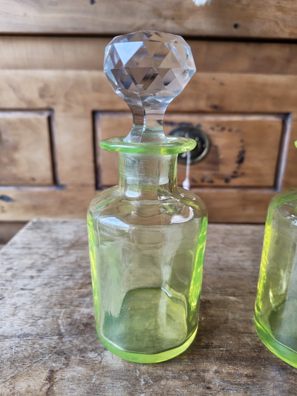 Two Antique Uranium Glass Perfume Bottles (Baccarat Resemblance)