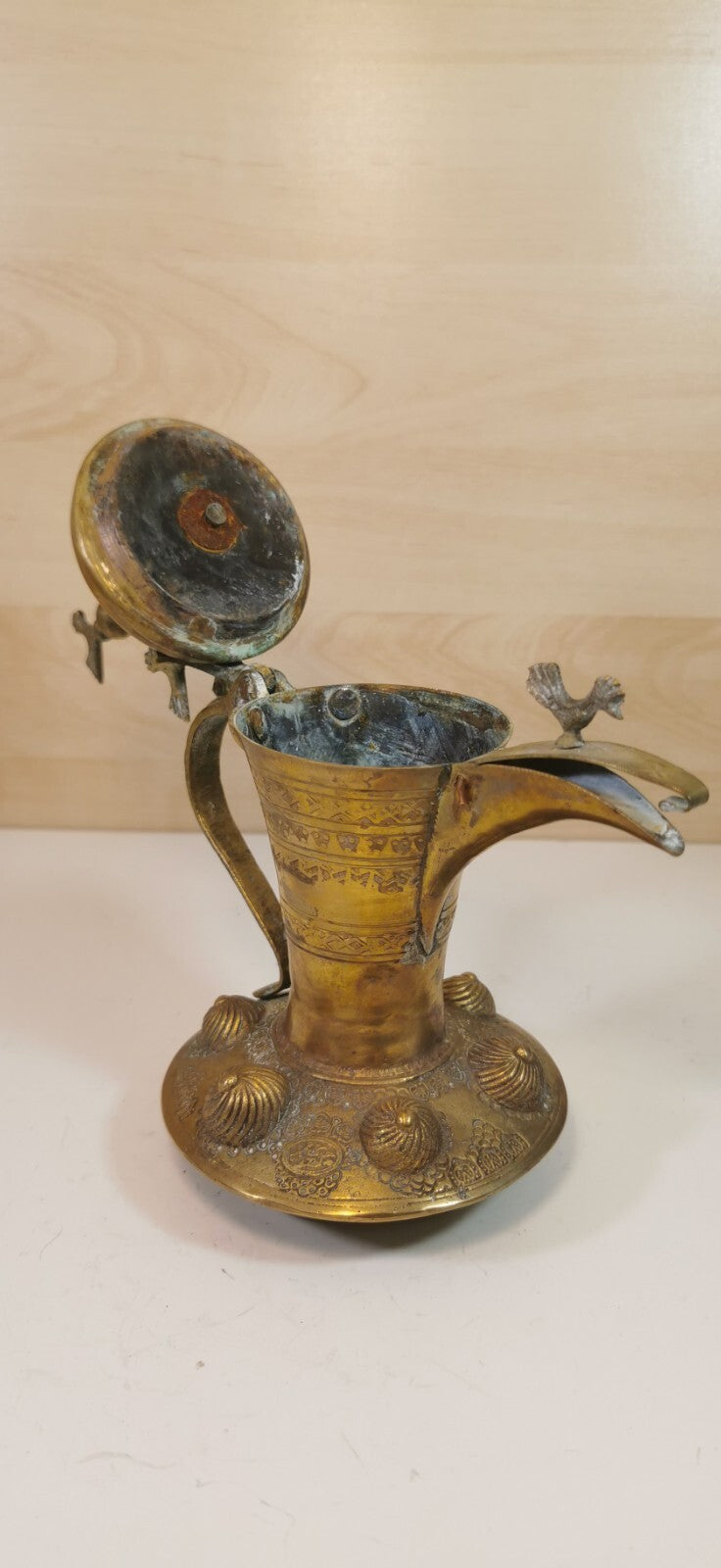 Magnificent Antique Teapot, Maghreb Art, Brass Dallah, Decorated with Birds