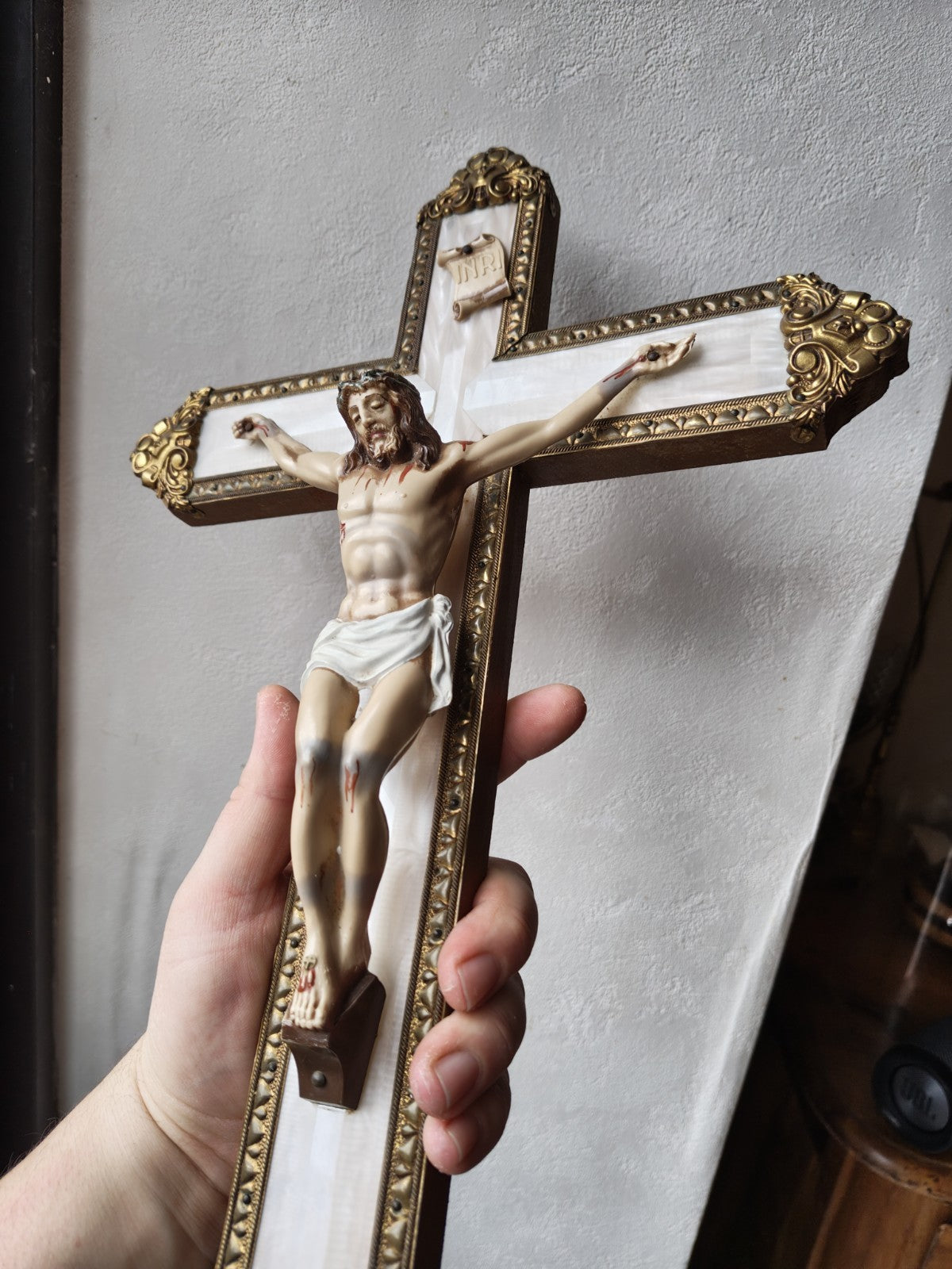 Large 20th Century Crucifix, Wood, Plastic and Brass