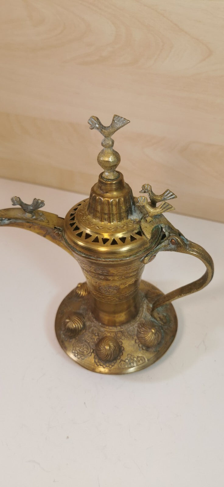 Magnificent Antique Teapot, Maghreb Art, Brass Dallah, Decorated with Birds