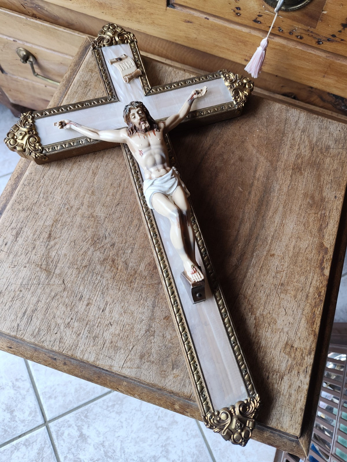 Large 20th Century Crucifix, Wood, Plastic and Brass