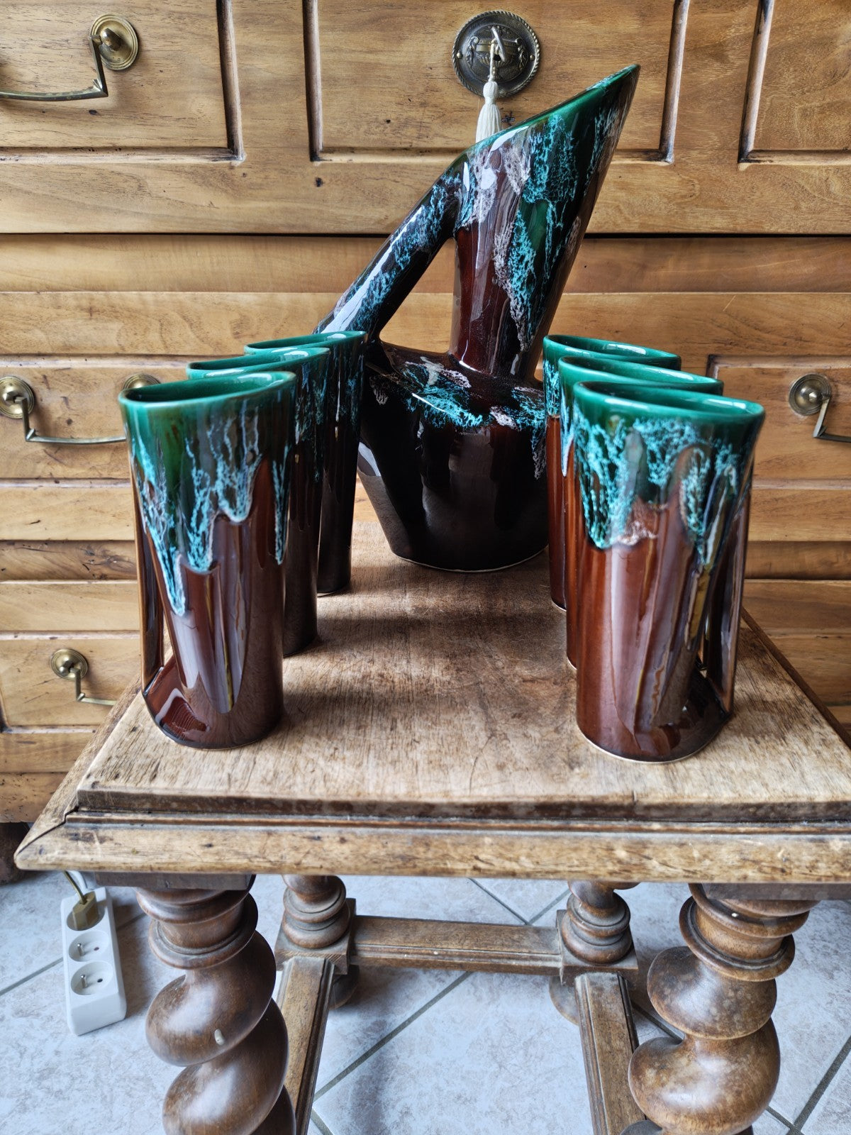 ヴァロリスのオレンジジュースサービス、グリーン、アールデコ、崇高、署名入りシム