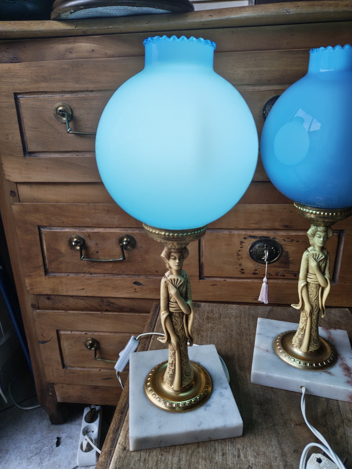 Superb Pair of Blue Opaline Marble Lamps, 20th Century