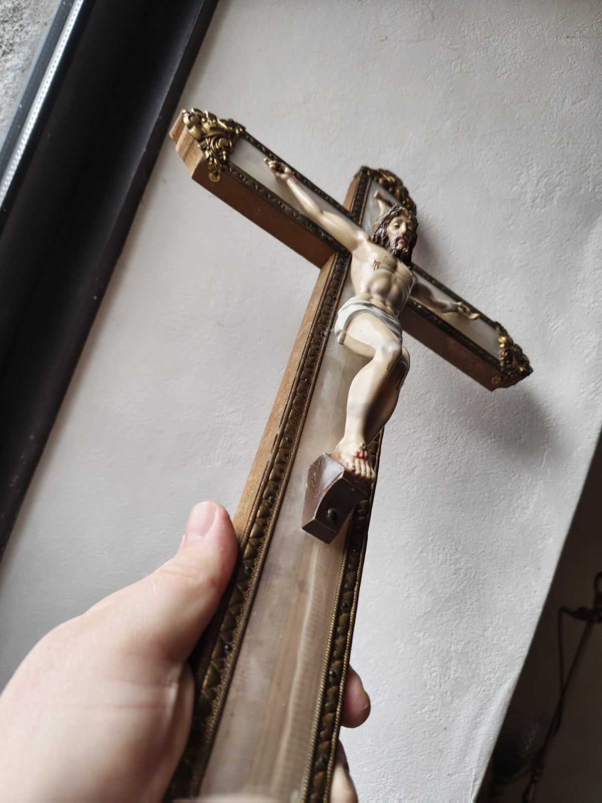Large 20th Century Crucifix, Wood, Plastic and Brass