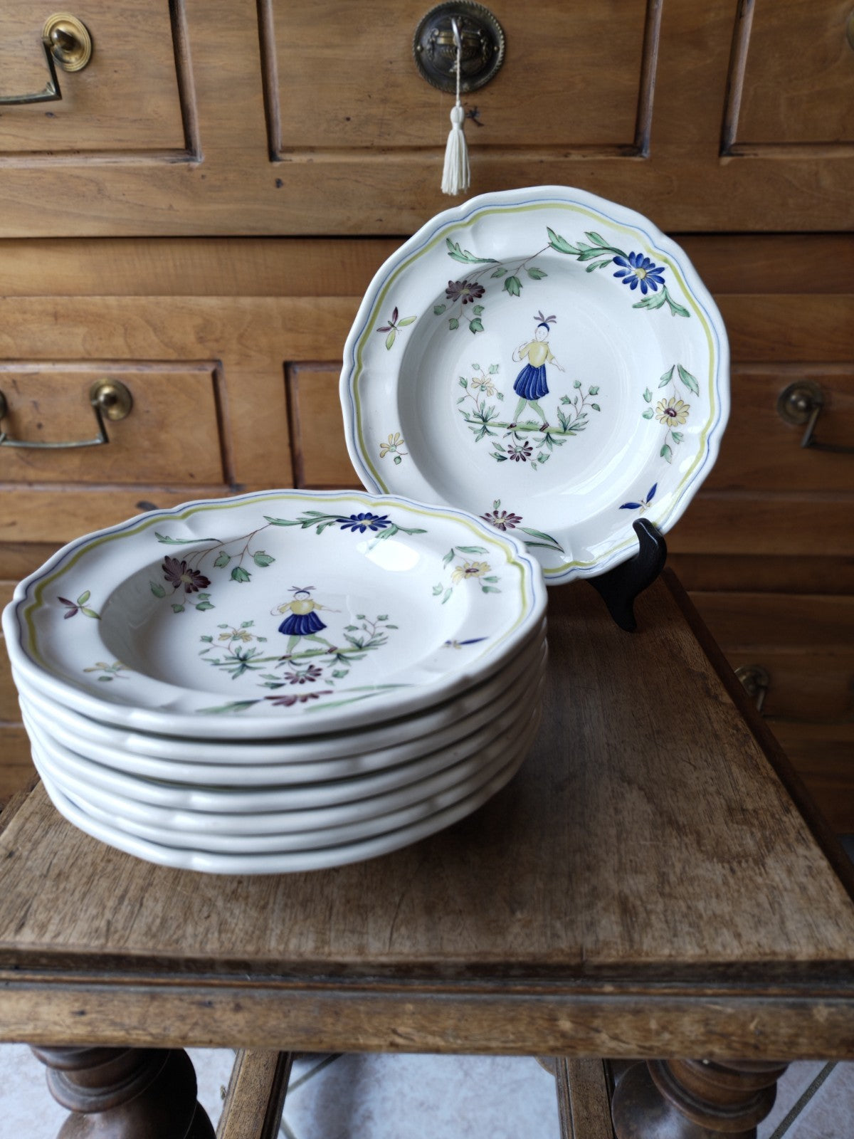 Set of Eight Deep Moustiers Lonchamp Plates, FRANCE, Antique Ceramic