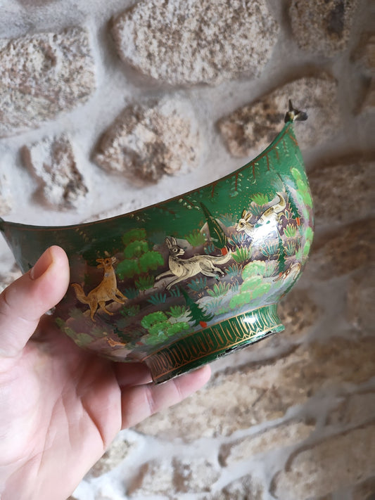 Kashkul Beggar Bowl India, Green Lacquered, Antique