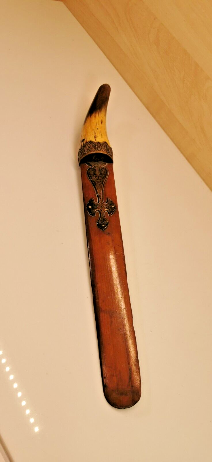 Wood Paper Knife with a Brass Christian Cross and Horn Handle