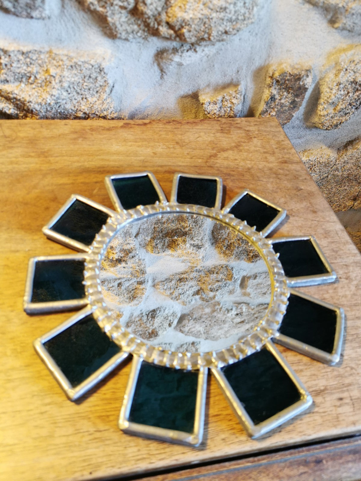 Superb Brutalist Sun-Shaped Mirror, Metal and Blue Glass