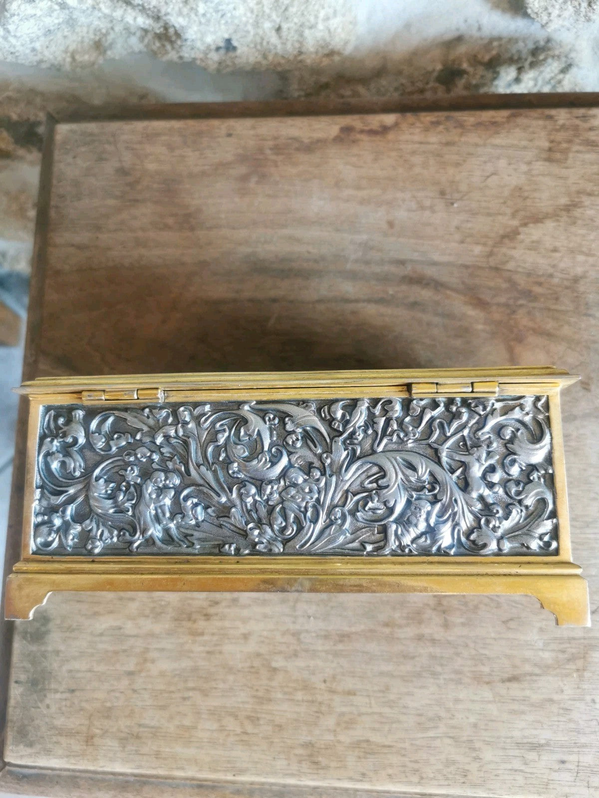 Superb Metal and Blue Felt Jewelry Box, Mid-Century