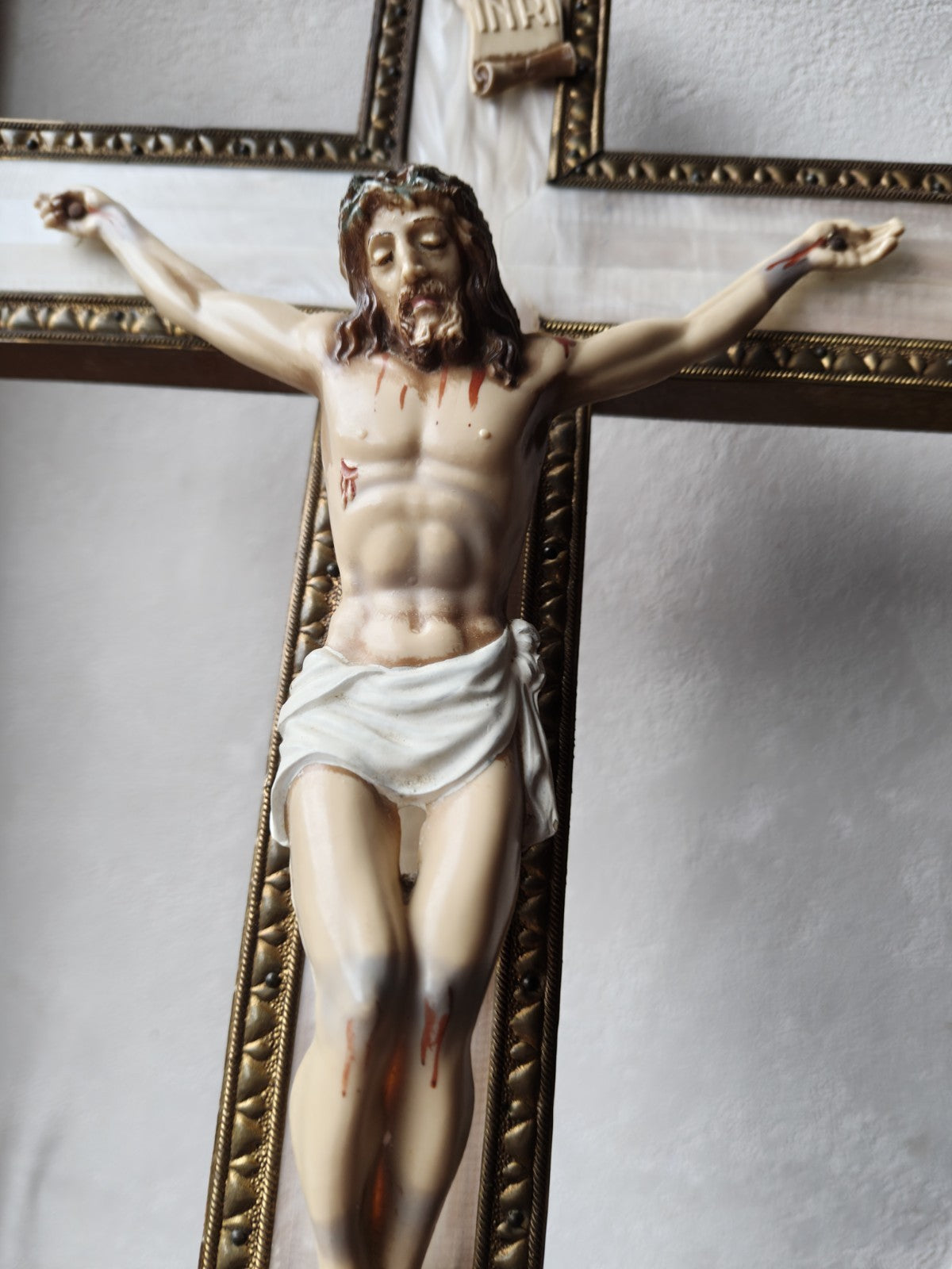 Large 20th Century Crucifix, Wood, Plastic and Brass