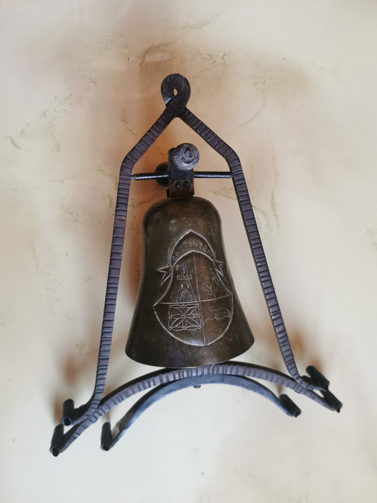 Superb Bell with Wrought Iron Frame, Engraved Emblem, Signed