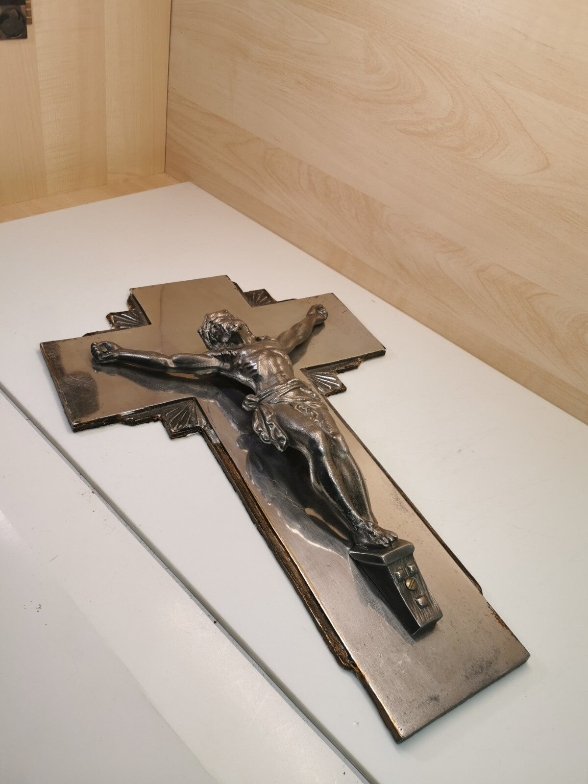 Superb Large Art Deco Metal and Mirror Crucifix