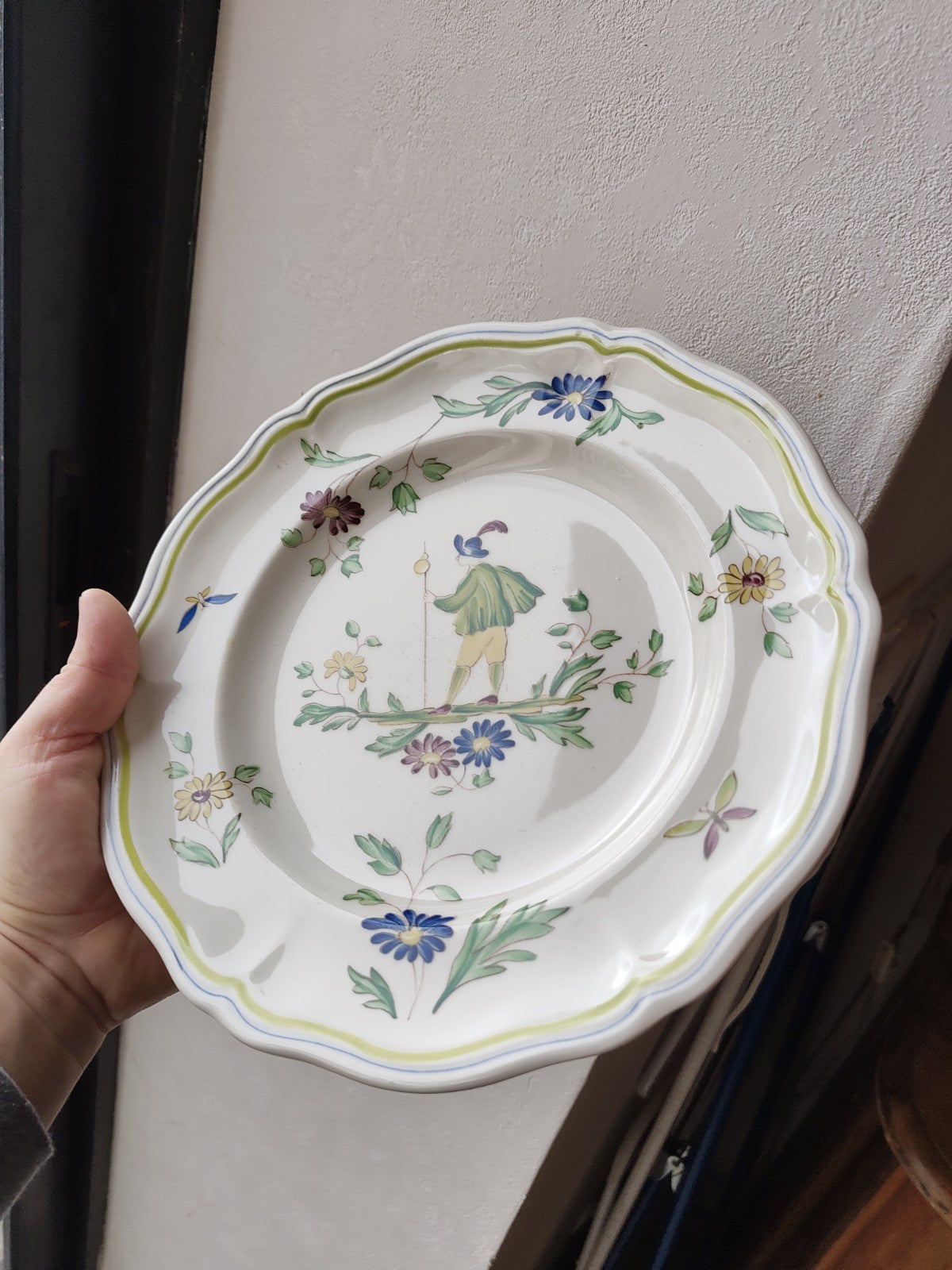 Eight Flat Moustiers Lonchamps Plates, Antique Ceramic FRANCE, Hand-Painted