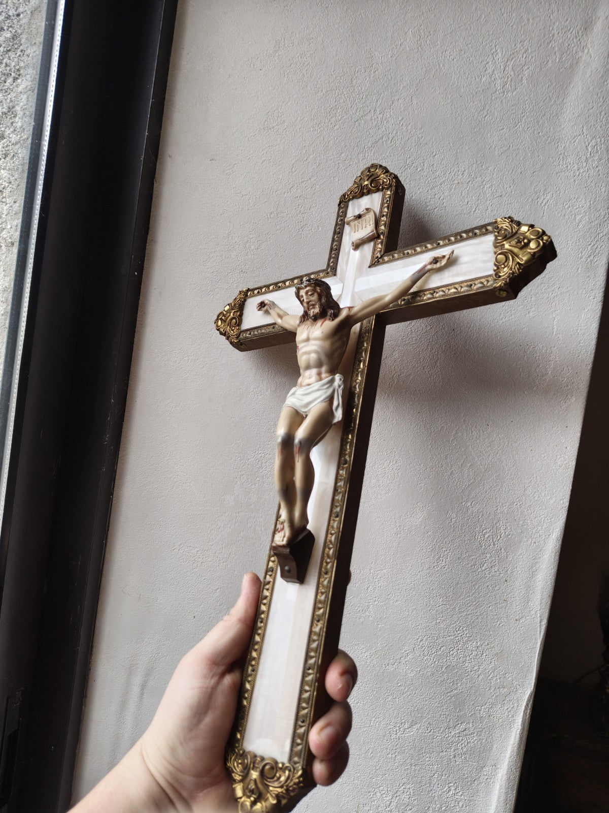 Large 20th Century Crucifix, Wood, Plastic and Brass