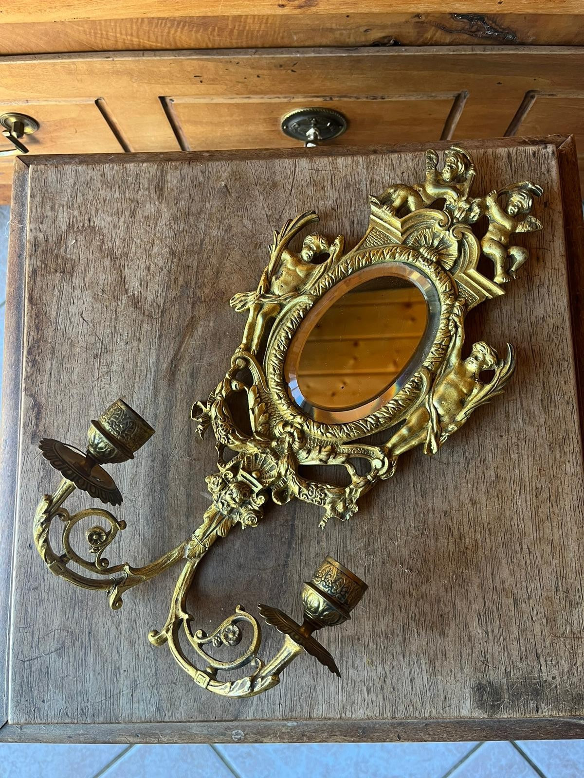 Superb Chiseled Bronze Wall Sconce, Beveled Mirror, Cherub