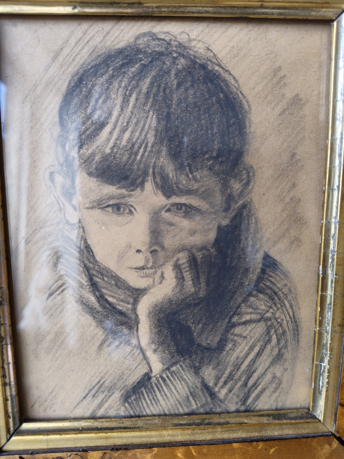 Child Drawing, Done in Pencil or Charcoal, Sad Child. 19th Century