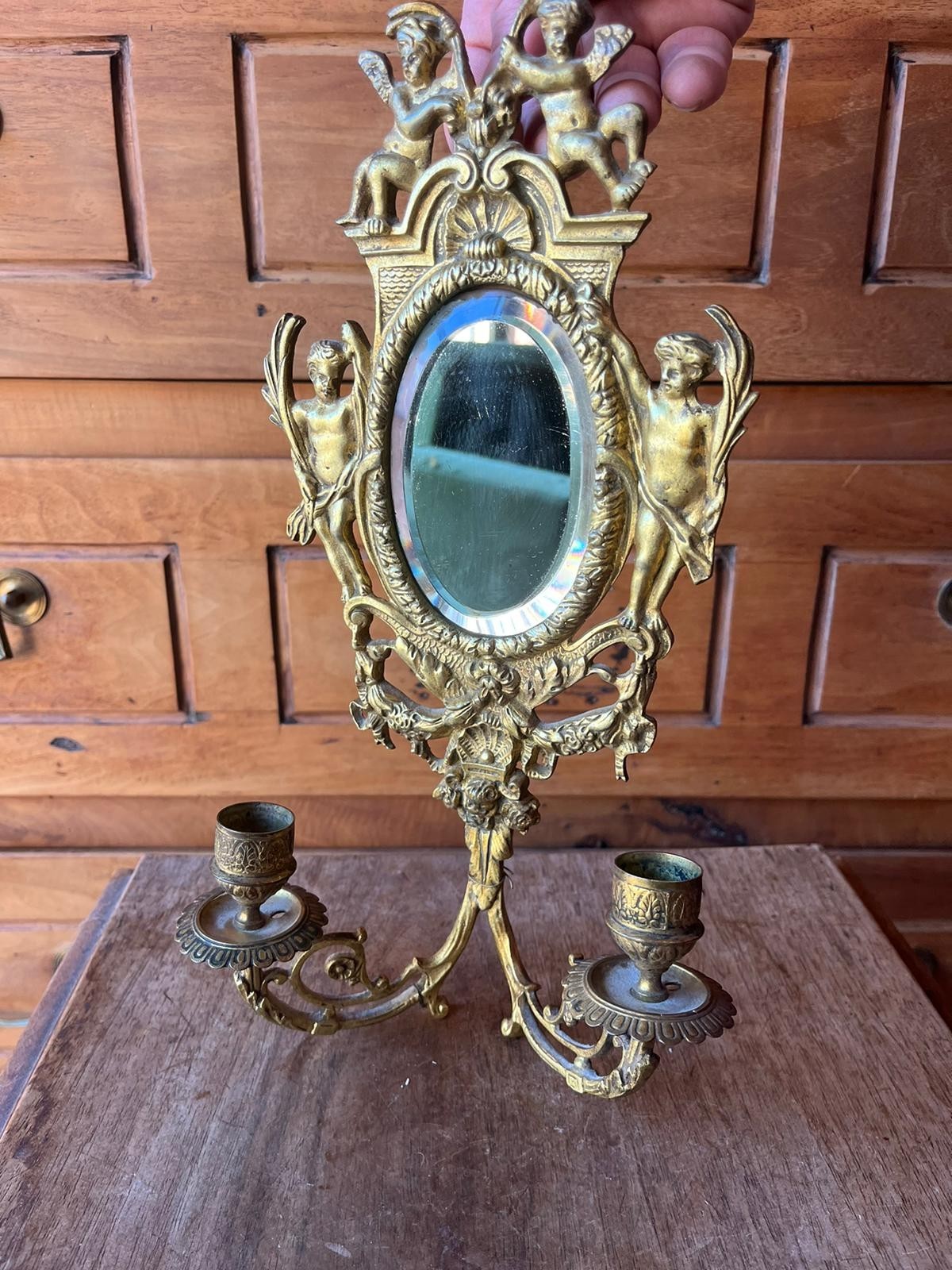 Superb Chiseled Bronze Wall Sconce, Beveled Mirror, Cherub