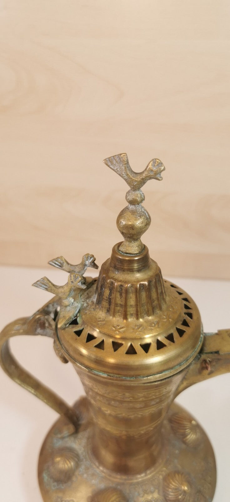 Magnificent Antique Teapot, Maghreb Art, Brass Dallah, Decorated with Birds