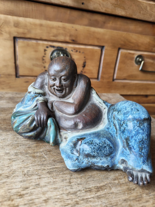 Laughing Buddha in Terracotta, Partially Blue Glazed