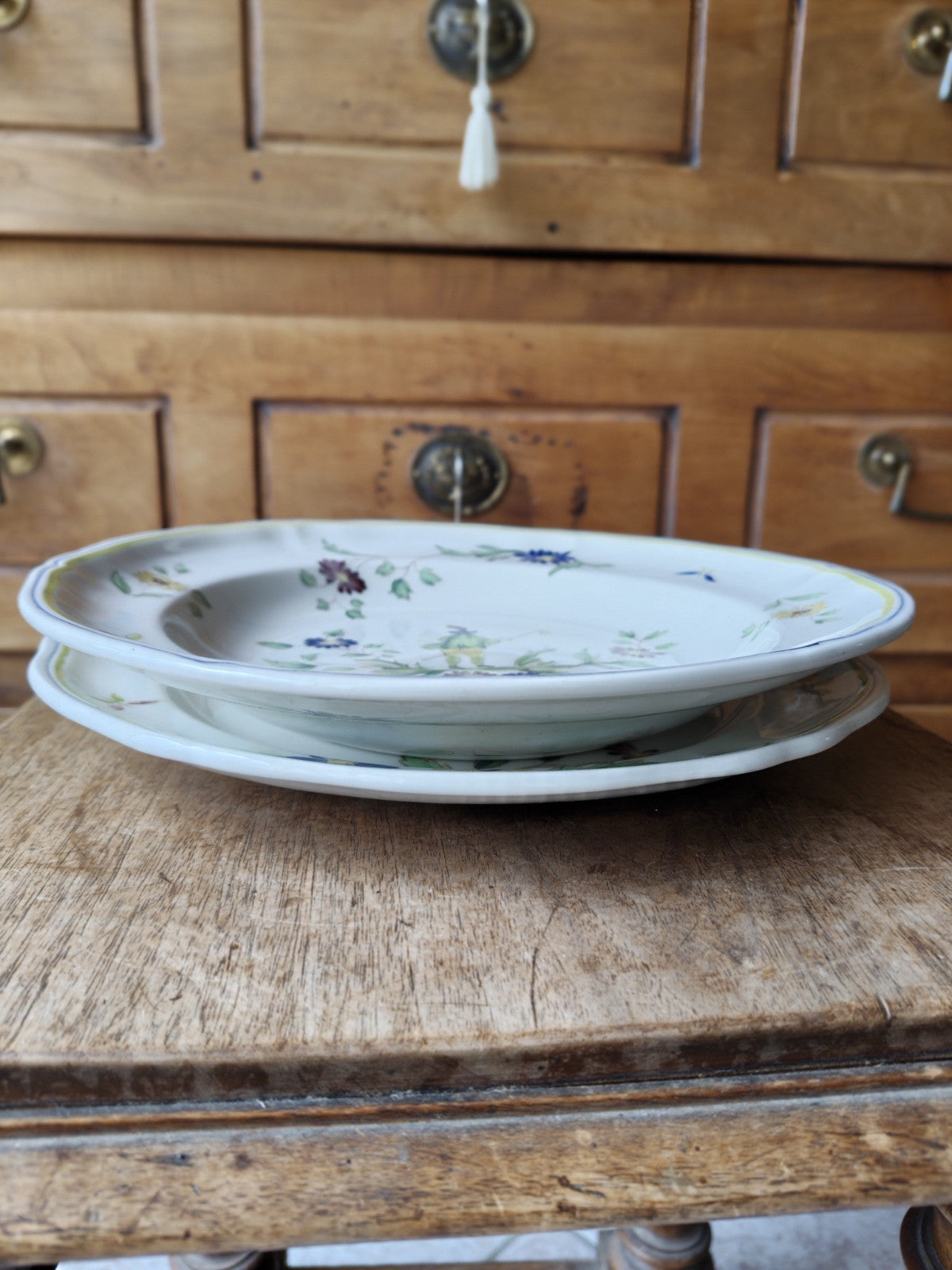 Set of Two Large MOUSTIERS LOMCHMAP Plates, FRANCE, Hand-Painted