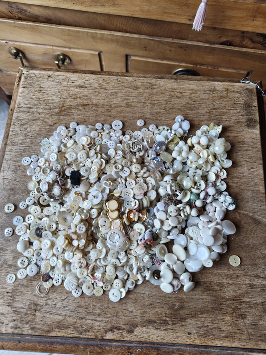 Large Lot of White French Haberdashery Buttons, Vintage