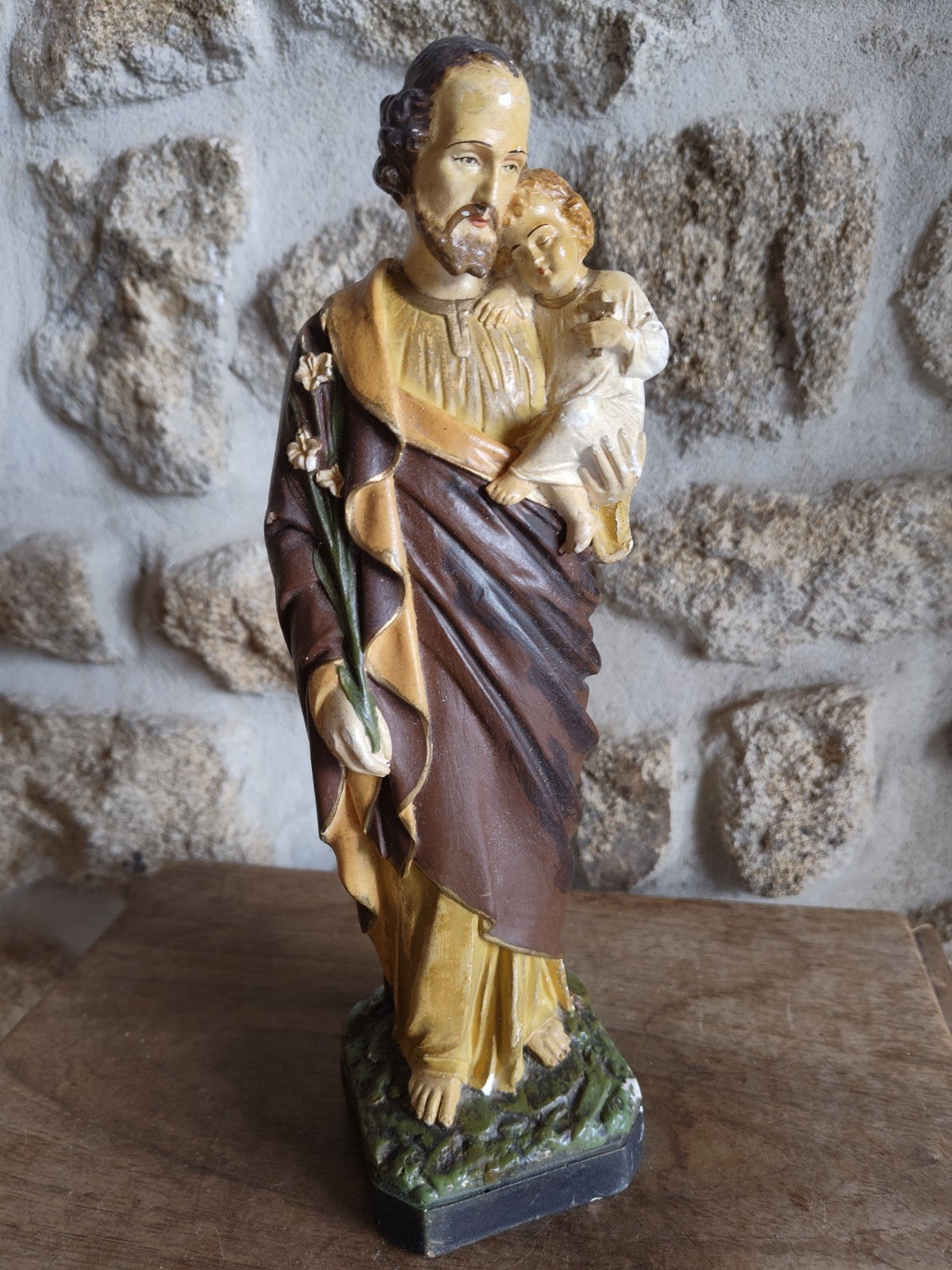 SAINT JOSEPH and Child Statue, Plaster, Antique, Signed CORNEILLE TOULOUSE