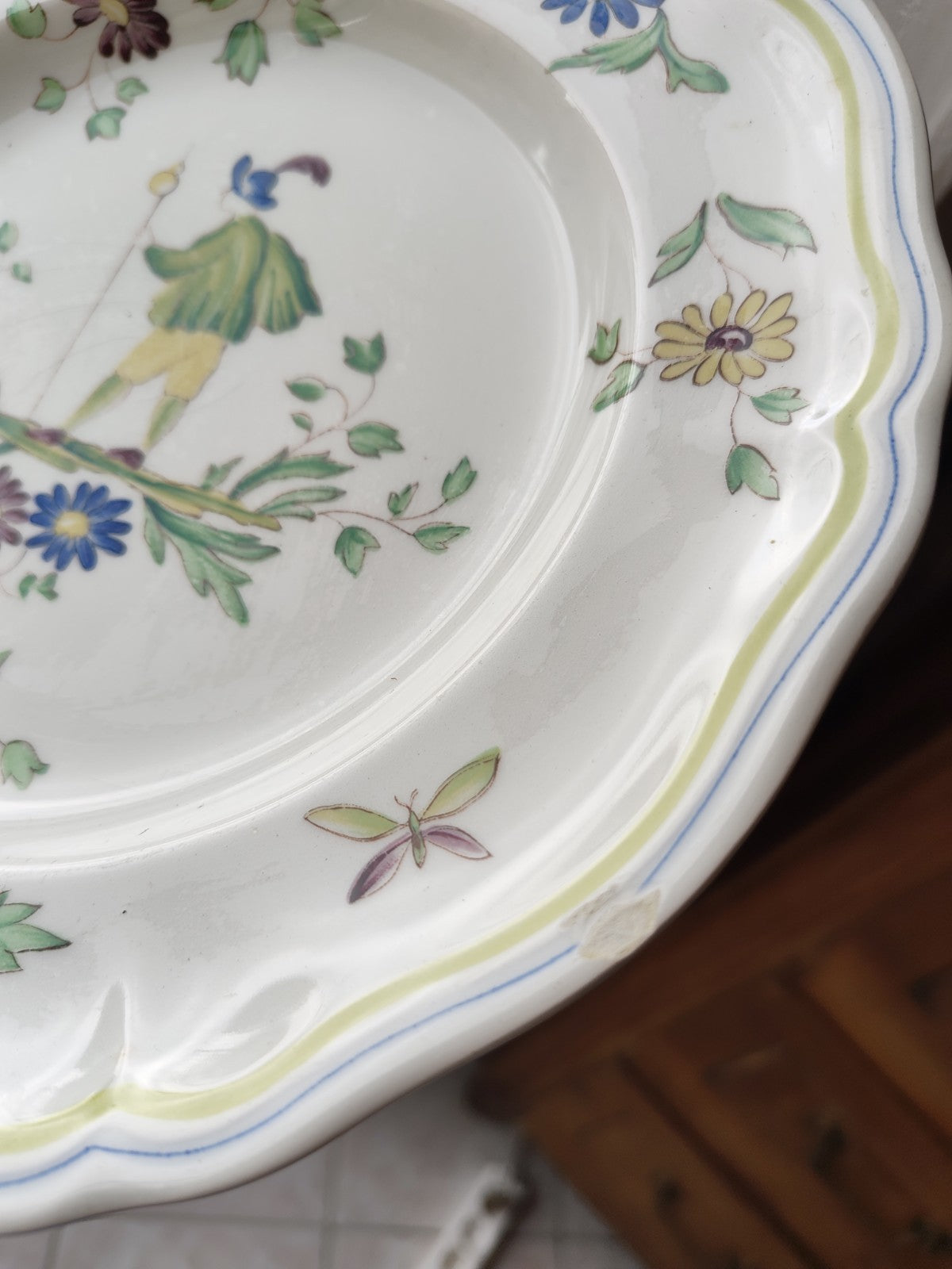 Eight Flat Moustiers Lonchamps Plates, Antique Ceramic FRANCE, Hand-Painted