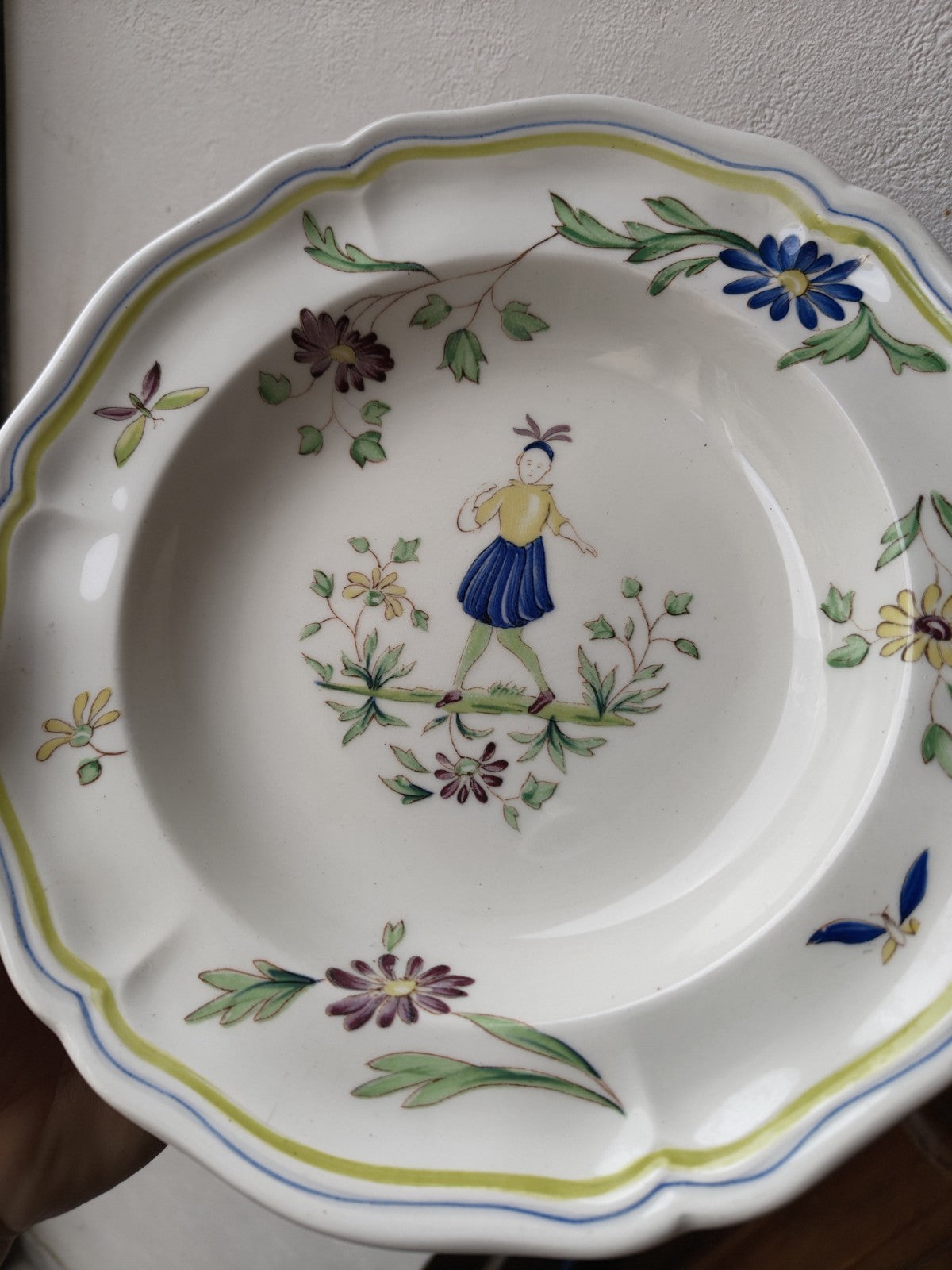 Set of Eight Deep Moustiers Lonchamp Plates, FRANCE, Antique Ceramic