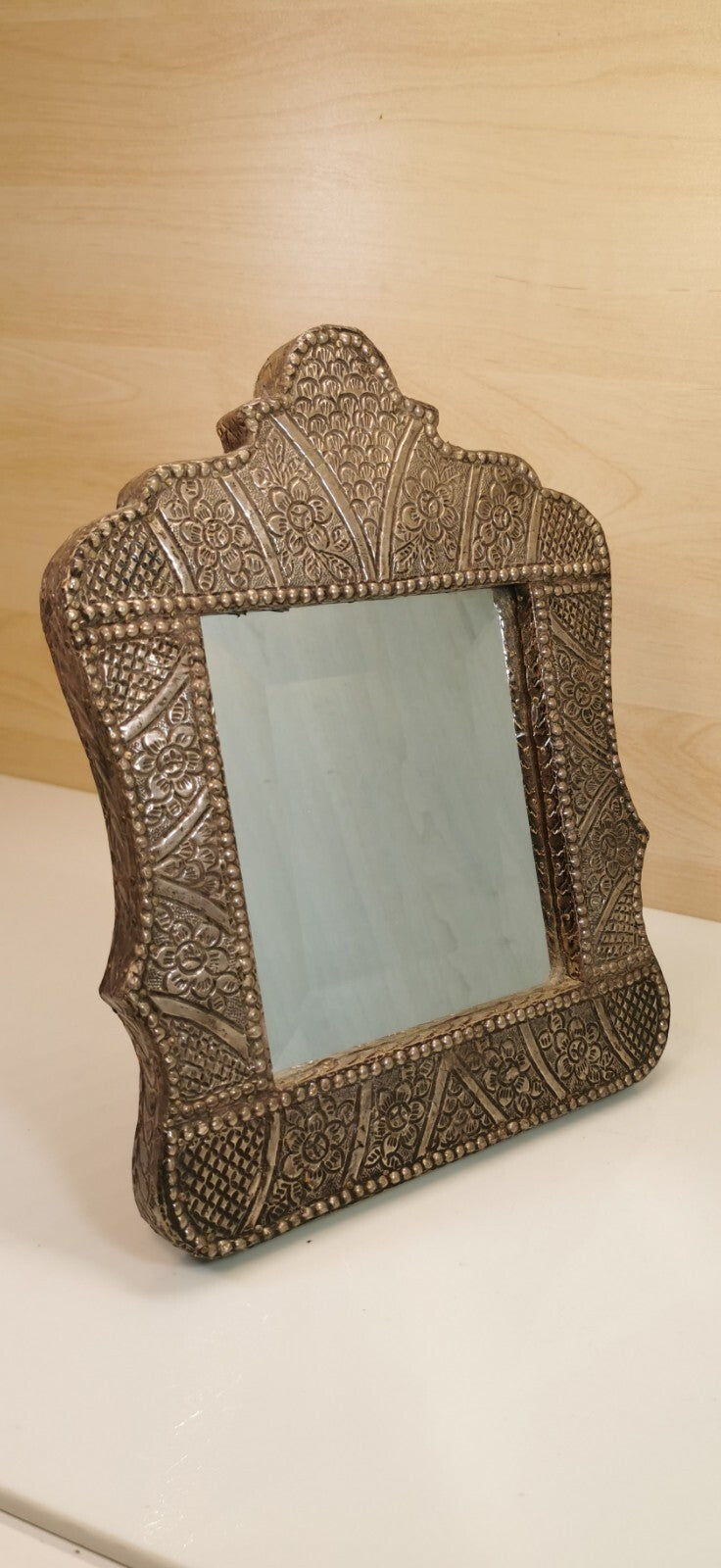 Superb Oriental Mirror Decorated with Hammered Metal (Silver or Tin)