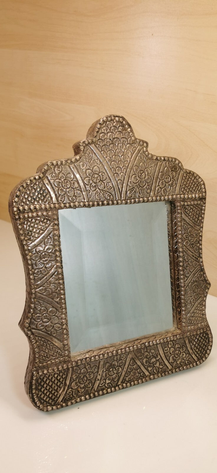 Superb Oriental Mirror Decorated with Hammered Metal (Silver or Tin)