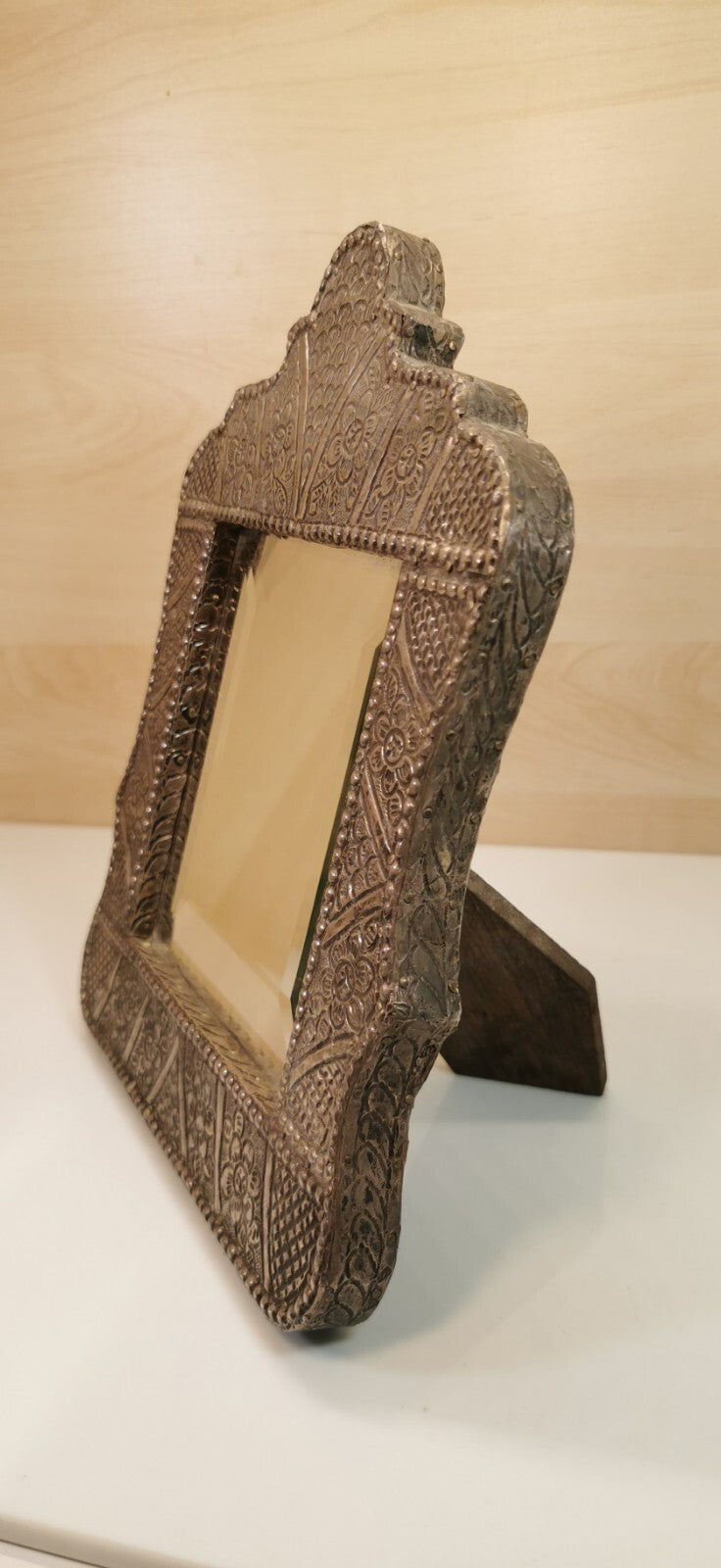 Superb Oriental Mirror Decorated with Hammered Metal (Silver or Tin)