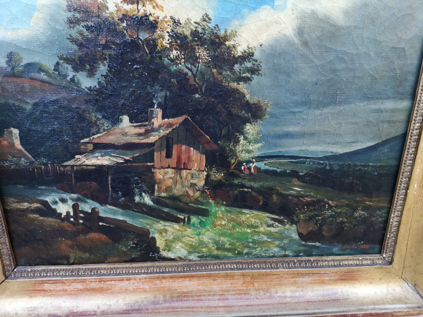 19世紀の美しい署名入り水車絵画