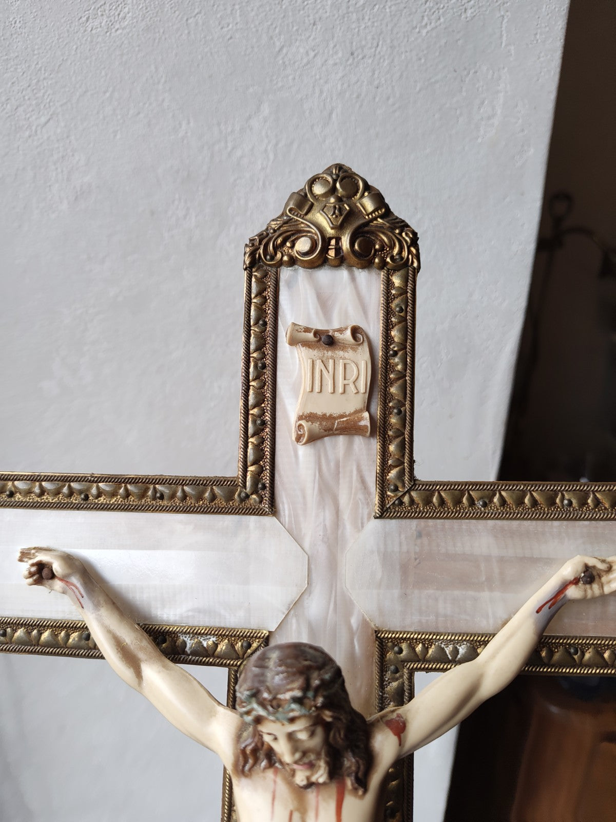 Large 20th Century Crucifix, Wood, Plastic and Brass