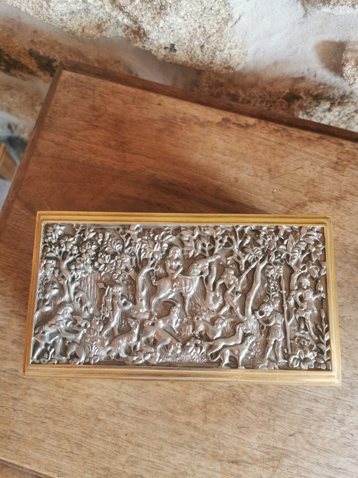 Superb Metal and Blue Felt Jewelry Box, Mid-Century