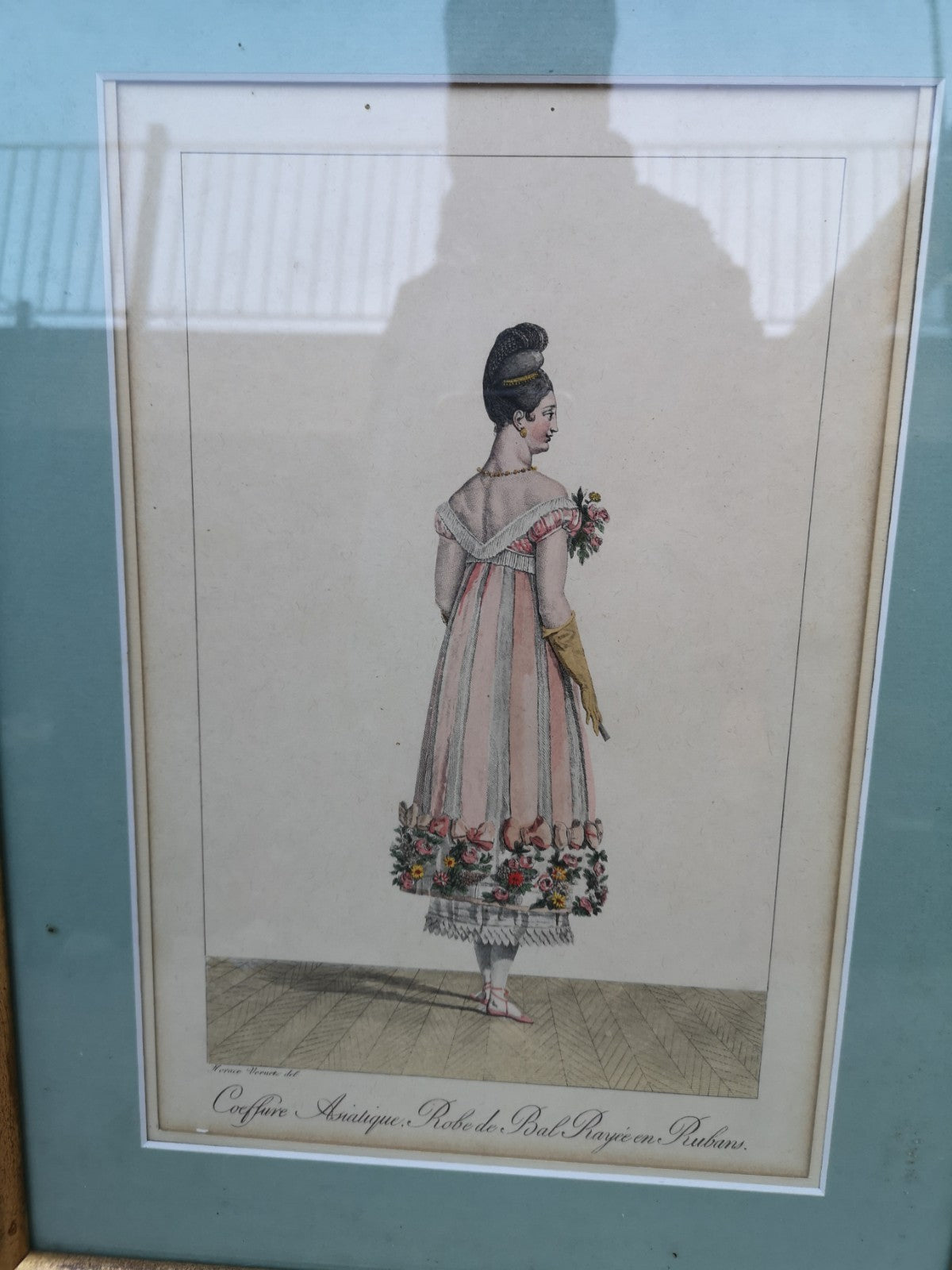 Very Beautiful Antique Print, Asian Hairstyle. Striped Ribbon Ball Gown.