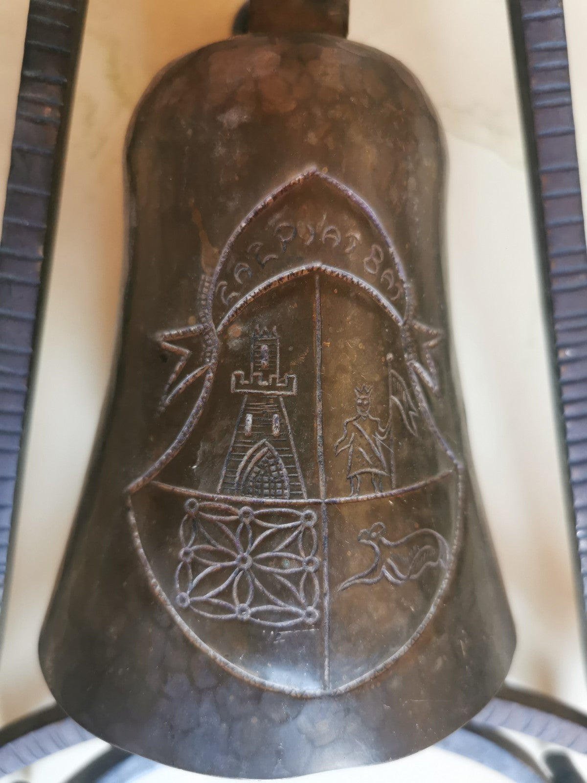 Superb Bell with Wrought Iron Frame, Engraved Emblem, Signed